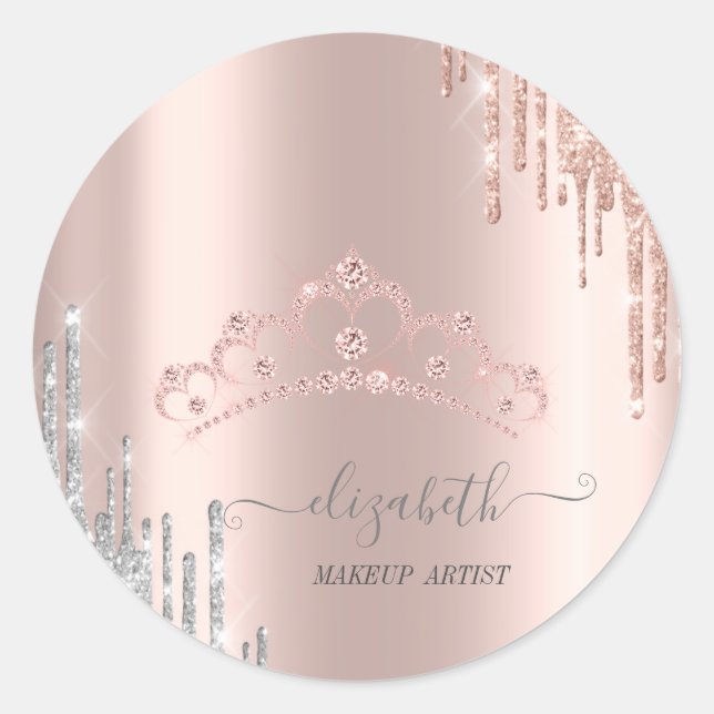 Modern Diamonds Tiara Rose Gold Silver Drips Classic Round Sticker (Front)
