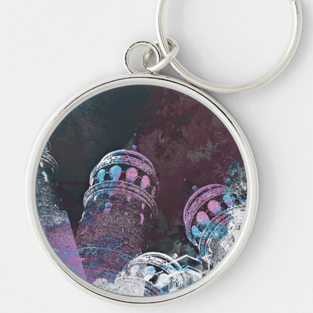 Modern digital graphic art pink towers design key ring (Front)