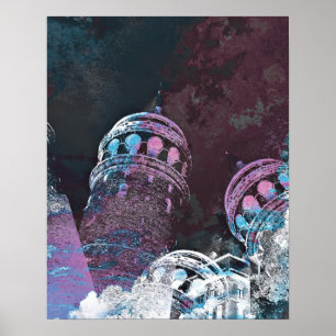 Modern digital graphic art pink towers design poster