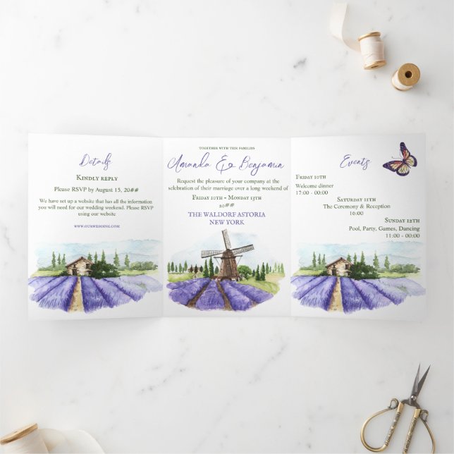 Modern Digital Lavender Country Style Wedding Tri-Fold Invitation (Inside)