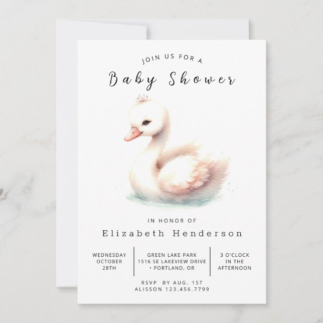 Modern Digital Swan Baby Shower Invitation (Front)