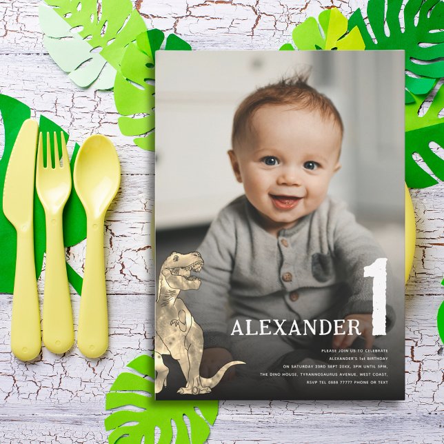 Modern Dinosaur 1st Birthday Party Custom Photo Invitation (Dinosaur 1st birthday party custom photo invitation modern design with T-Rex dino watercolor )