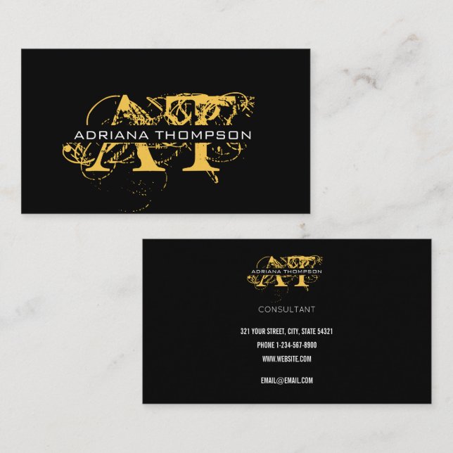 Modern Distressed Black & Gold Monogrammed Business Card (Front/Back)