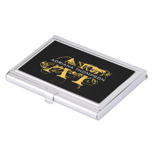 Modern Distressed Black & Gold Monogrammed Business Card Holder