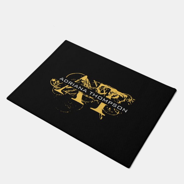 Modern Distressed Black & Gold Monogrammed Doormat (Angled)