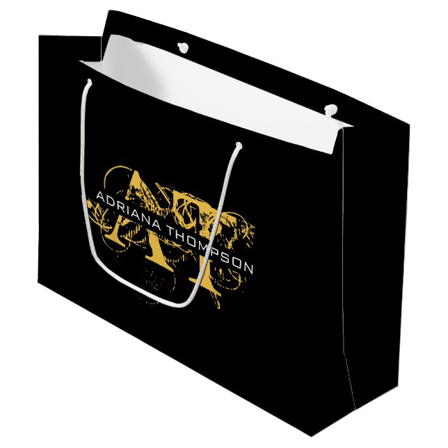 Modern Distressed Black & Gold Monogrammed Large Gift Bag (Front Angled)