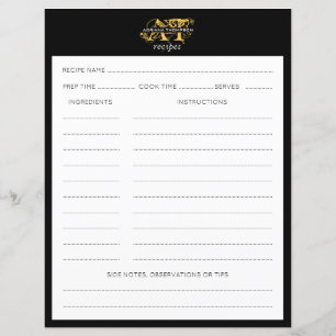 Modern Distressed Black & Gold Monogrammed Recipe