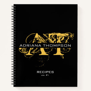 Modern Distressed Black & Gold Monogrammed Recipes Notebook