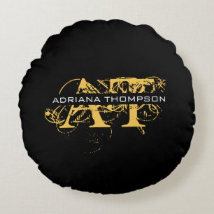 Modern Distressed Black & Gold Monogrammed Round Cushion