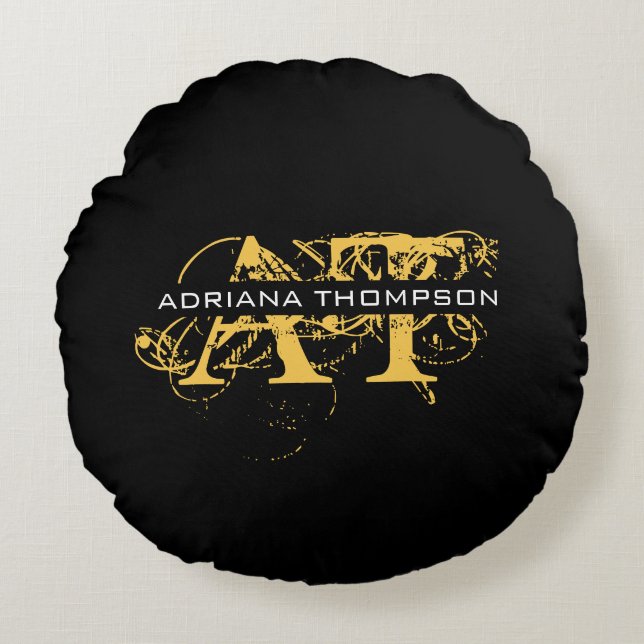 Modern Distressed Black & Gold Monogrammed Round Cushion (Front)