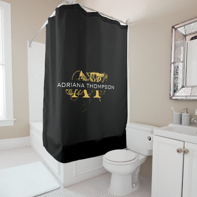 Modern Distressed Black & Gold Monogrammed Shower Curtain (In Situ)