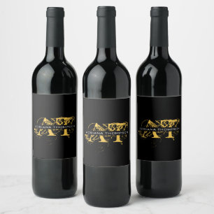 Modern Distressed Black & Gold Monogrammed Wine Label