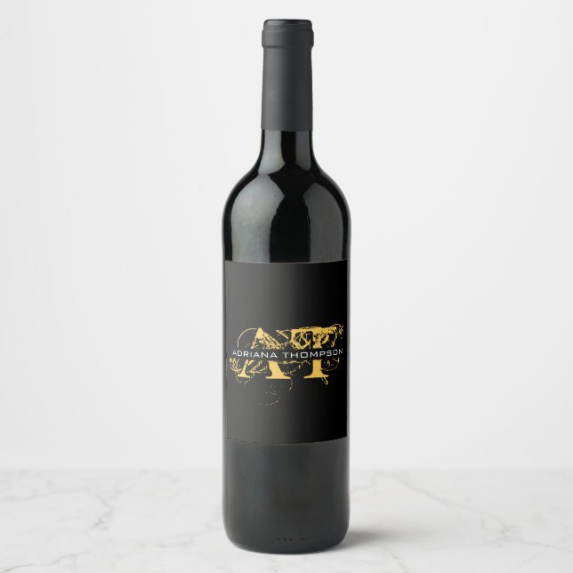 Modern Distressed Black & Gold Monogrammed Wine Label (Front)