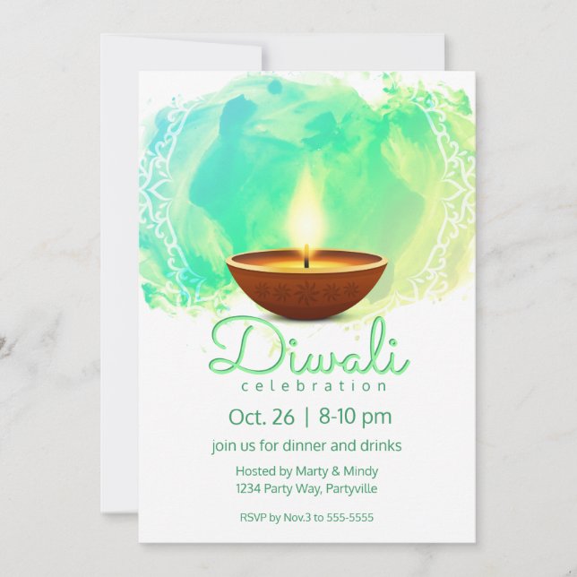 Modern Diwali Diya Green Watercolor Invitation (Front)