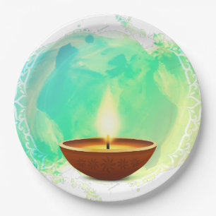 Modern Diwali Diya Green Watercolor Paper Plate
