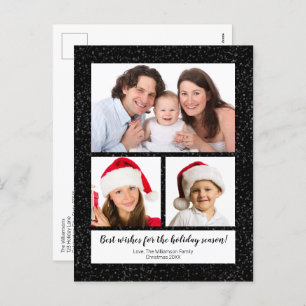 Modern DIY 3 Photo Name Year Script Snowy Black Holiday Postcard