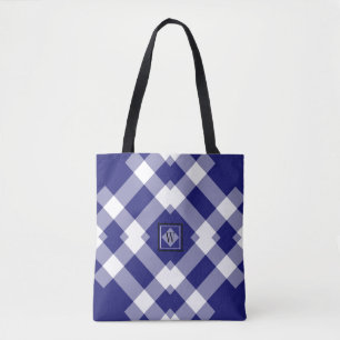 Modern Dk Blue White Purple Checked Shoulder Tote