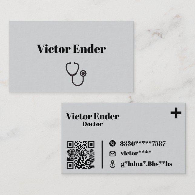 Modern Doctor Business Card with QR Code – Grey &  (Front/Back)