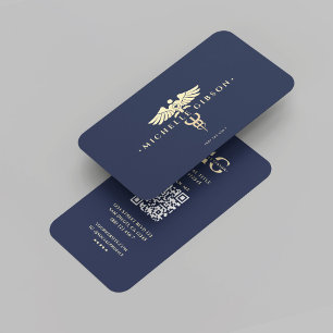 Modern Doctor Nurse Caduceus Dark Blue Gold Business Card