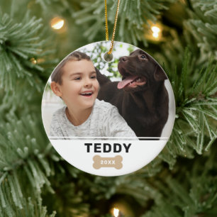 Modern Dog Bone Christmas Puppy Photo and Name Ceramic Tree Decoration
