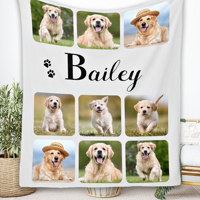 Modern Dog Lover Pet Photo Collage Monogram Name Fleece Blanket (Creator Uploaded)