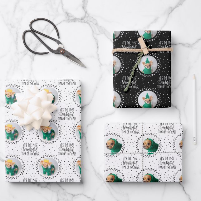 Modern Dog Lover Three Photo Christmas Holiday Wrapping Paper Sheet (Front)