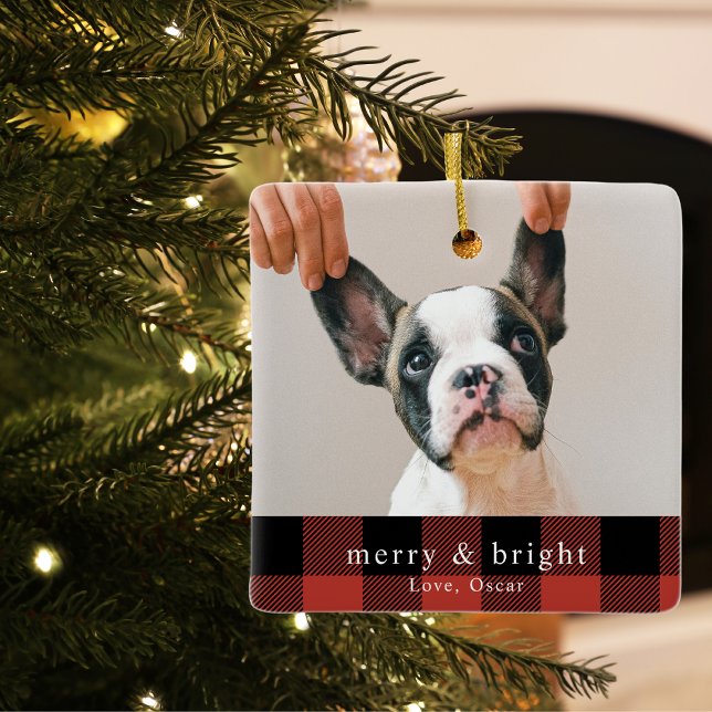 Modern Dog Photo Red Buffalo Plaid Ceramic Ornament (Creator Uploaded)