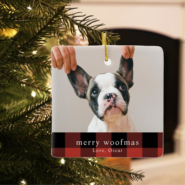 Modern Dog Photo Red Buffalo Plaid Merry Woofmas Ceramic Ornament (Creator Uploaded)