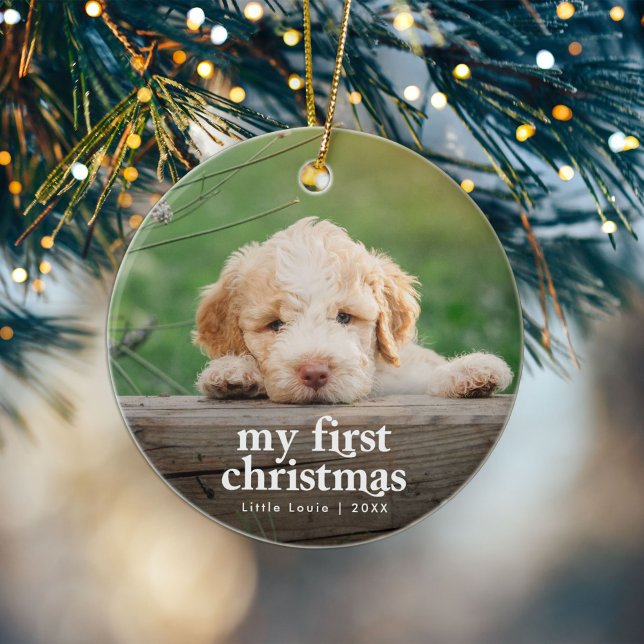 Modern Dog’s First Christmas Photo Ceramic Tree Decoration (Creator Uploaded)