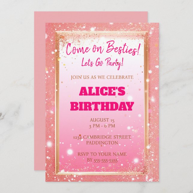 Modern Doll Pink Glitter Birthday Invitation (Front/Back)