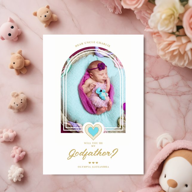 Modern Dome Blue Heart Golden Effect Godfather (Light Blue Modern Dome Arch & Chic Heart Fake Golden Effect Godfather or GodMother Proposal Card.)