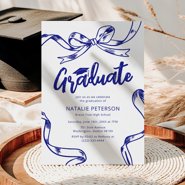 Modern Doodle Blue Bow Graduation Party Invitation (Creator Uploaded)