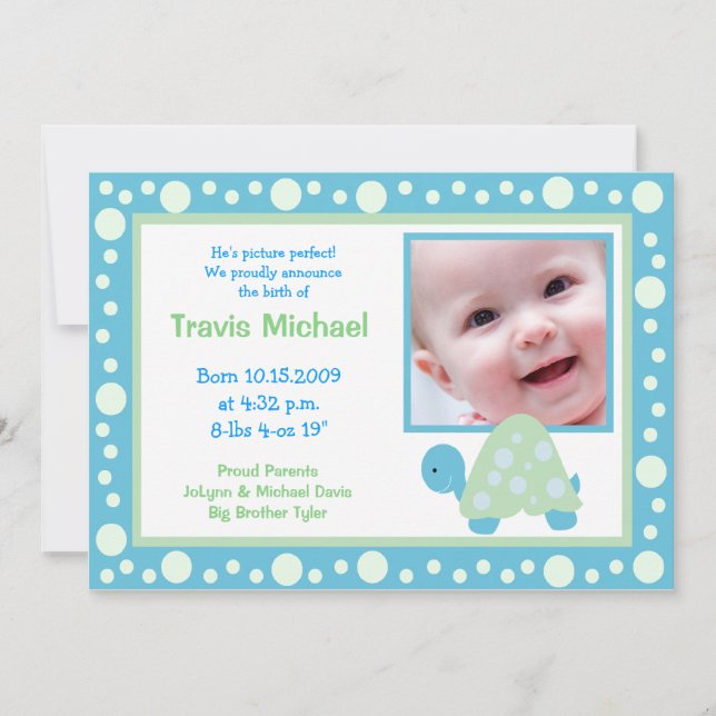 MODERN DOT TURTLE Baby Photo birth Announcement (Front)
