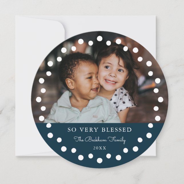 Modern Dots Frame Navy Ornament 2 Photo Holiday Card (Front)