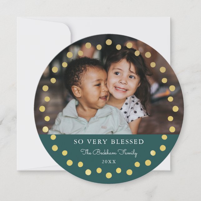 Modern Dots Frame Ornament Gold Teal 2 Photo Holiday Card (Front)