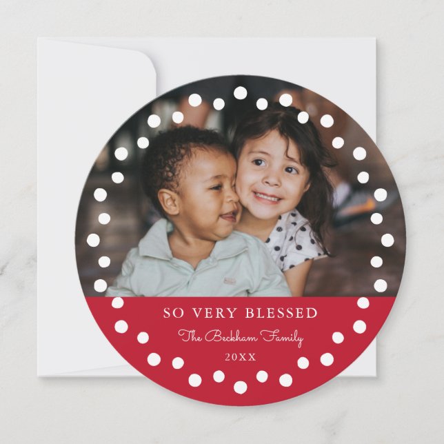 Modern Dots Frame Red Ornament 2 Photo Holiday Card (Front)