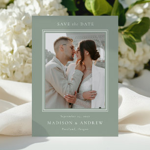 Modern Double Border Sage Green 2 Photo Wedding Save The Date