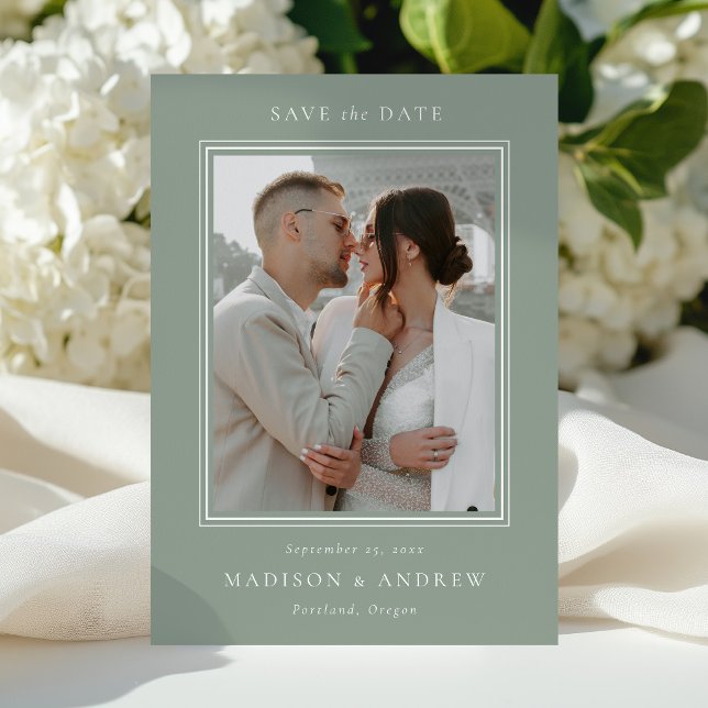 Modern Double Border Sage Green 2 Photo Wedding Save The Date (Creator Uploaded)
