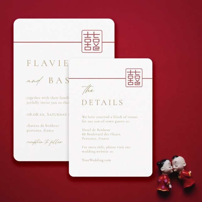 Modern Double Happiness Chinese Wedding Details Invitation (Creator Uploaded)