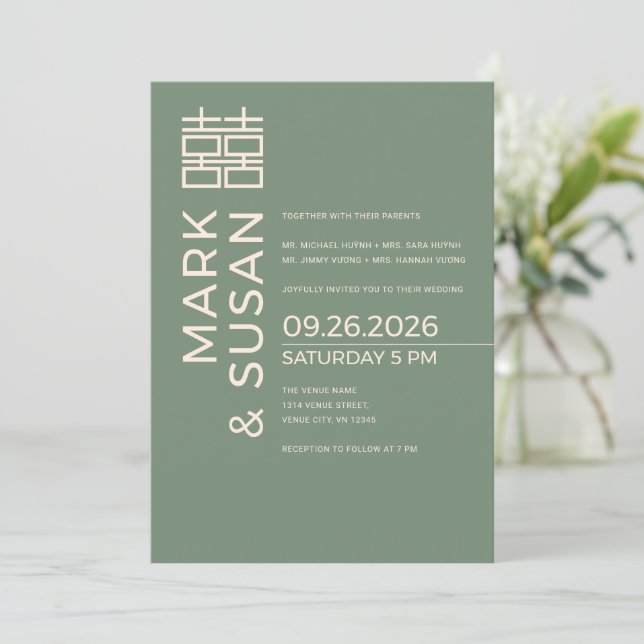Modern Double Happiness Sage Green Wedding Invitation (Standing Front)