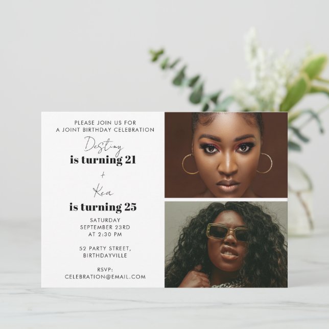 Modern Double Photo Joint Birthday Party Invitation (Standing Front)