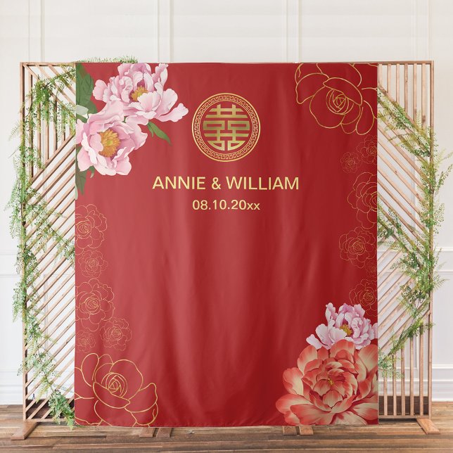 Modern Double Xi Chinese Wedding Prop Backdrop  Tapestry (Modern Double Happiness Chinese Wedding Photo Prop Backdrop)