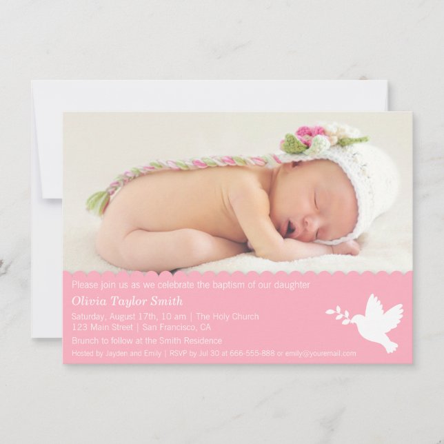 Modern Dove Baby Girl Baptism Invitations (Front)