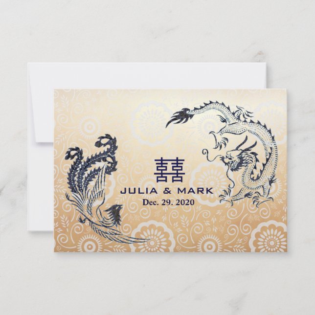 Modern Dragon-Phoenix Chinese Wedding RSVP Card (Front)