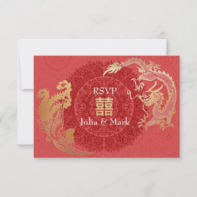 Modern Dragon-Phoenix Chinese Wedding RSVP Red (Front)