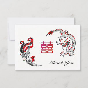 Modern Dragon-Phoenix Double-Xi Wedding Photo Thank You Card