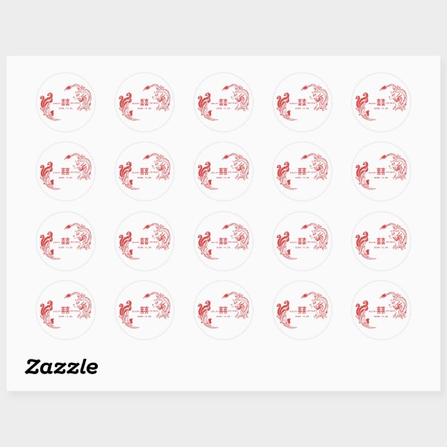 Modern Dragon-Phoenix Personalised Chinese Wedding Classic Round Sticker (Sheet)