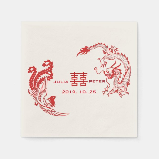 Modern Dragon-Phoenix Personalised Chinese Wedding Napkin (Front)
