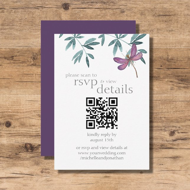 Modern Dragonfly Wedding QR Code Details and RSVP Card (Creator Uploaded)