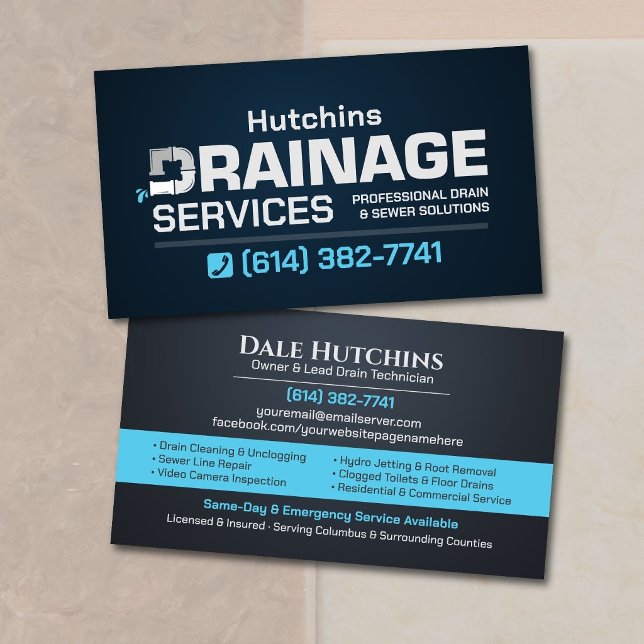 Modern Drain Cleaning & Sewer Services Business Card (Creator Uploaded)